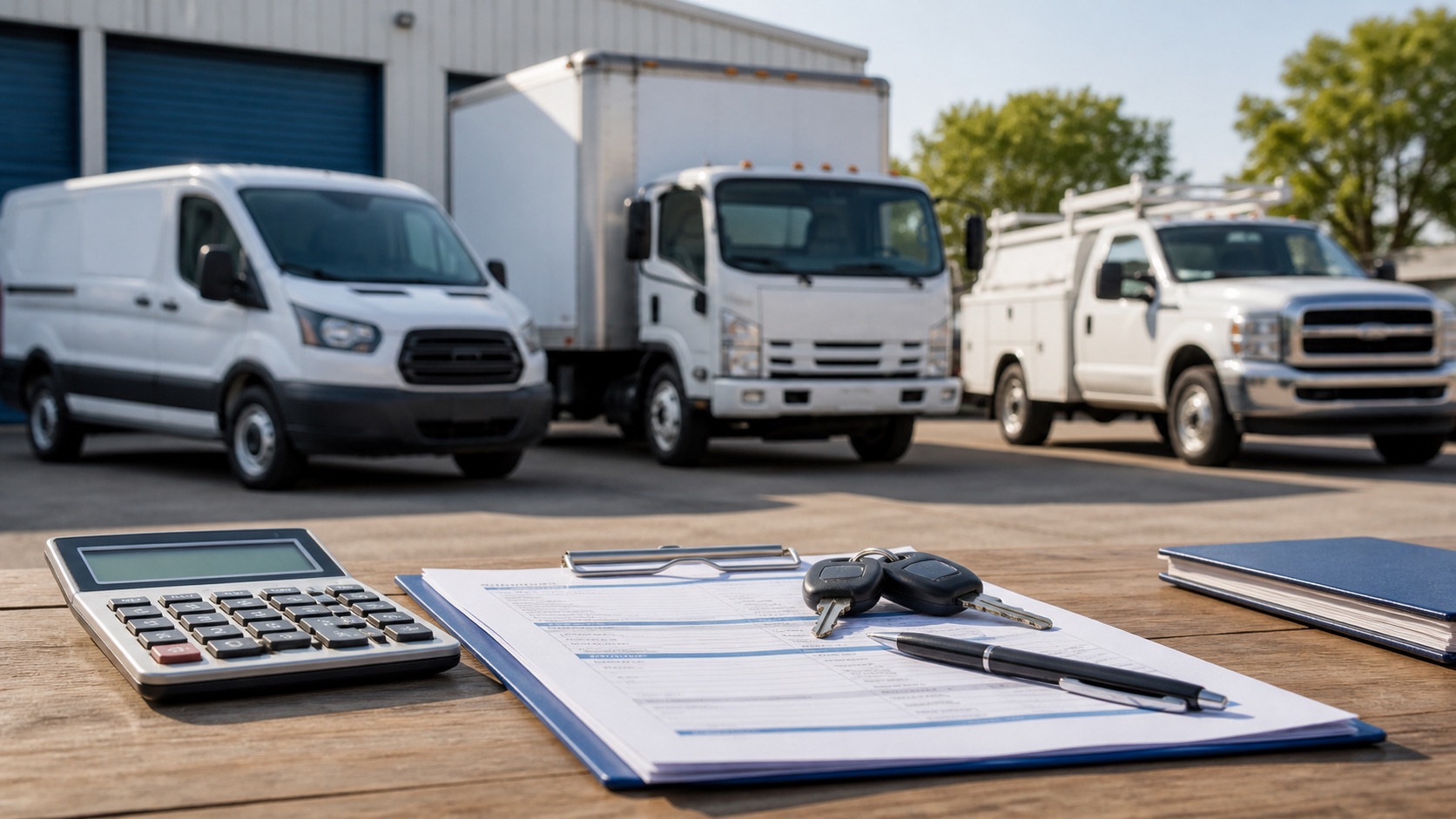 Commercial vehicle financing quote with calculator, keys, cargo van, box truck and service truck