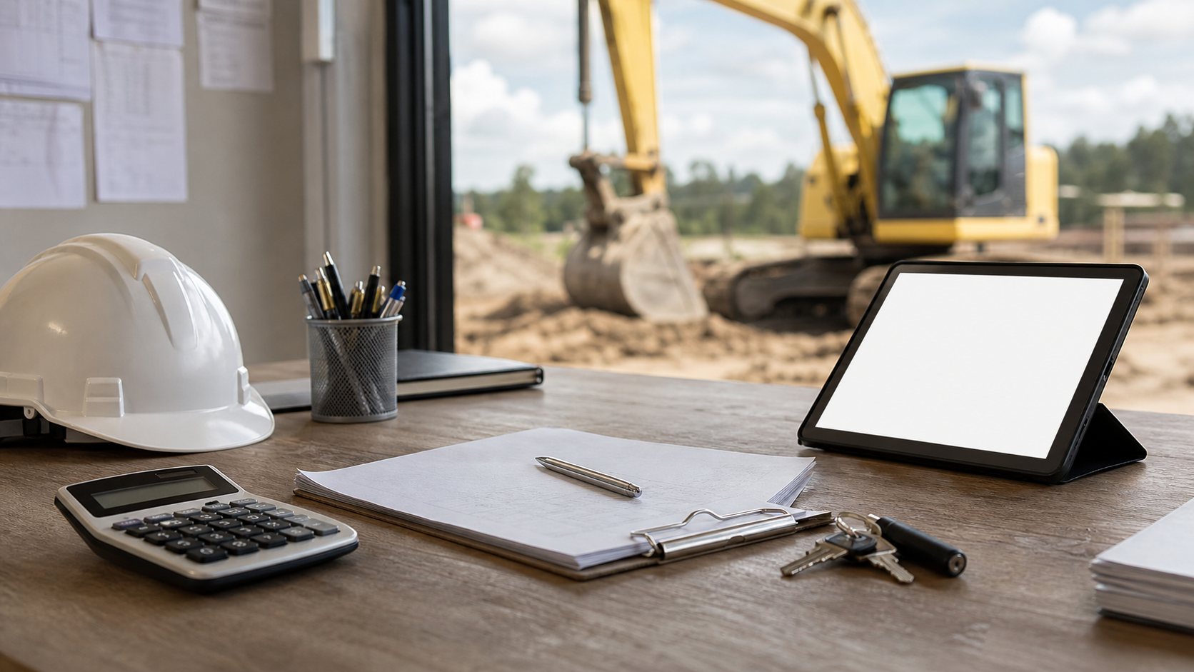 Construction equipment financing quote with hard hat, calculator and excavator at a jobsite office