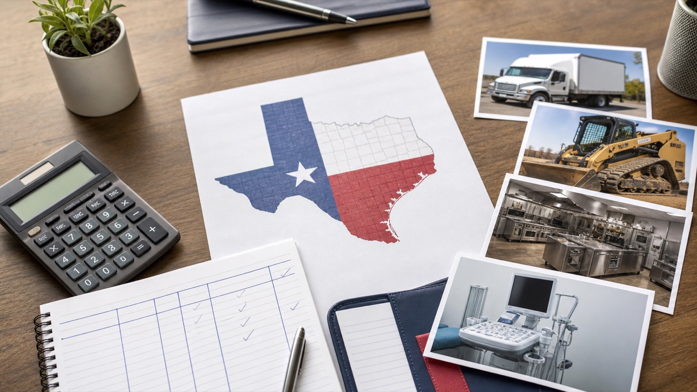 Texas equipment financing comparison with calculator, map and business equipment photos