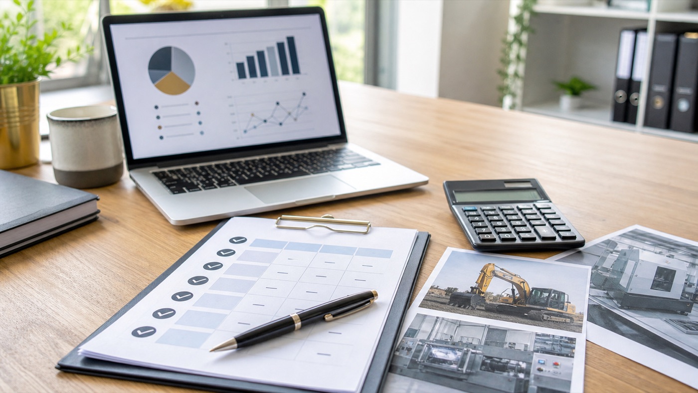 Equipment financing comparison checklist with laptop, calculator and machinery photos