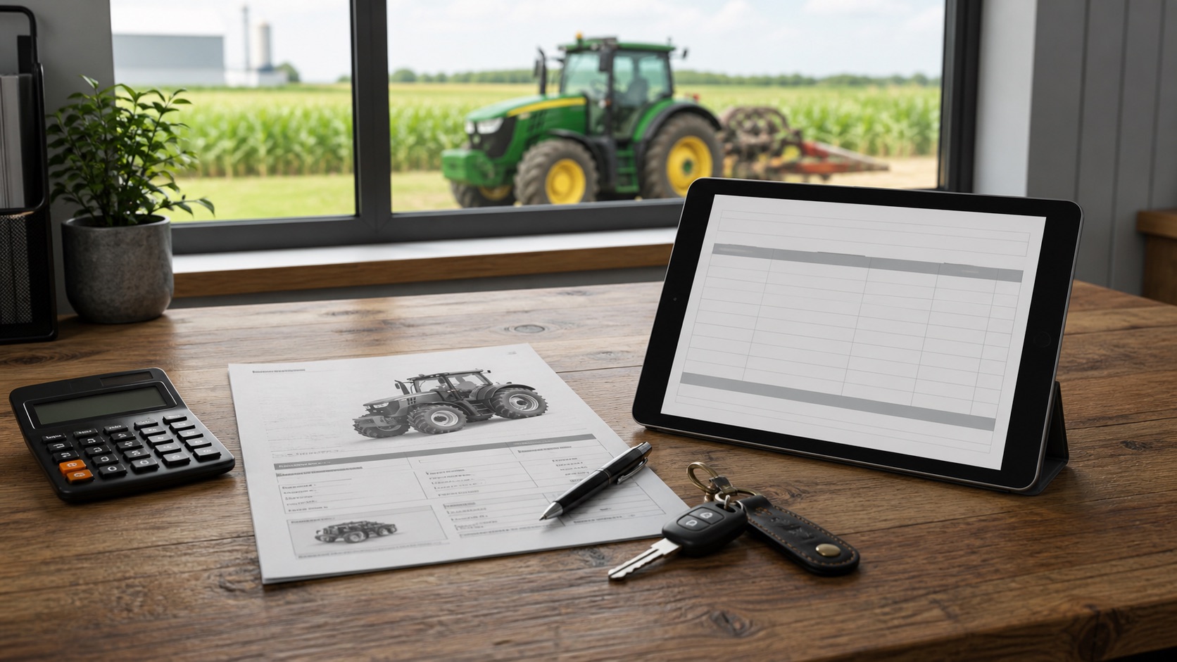 Farm equipment financing quote with calculator, tablet and tractor outside a farm office window