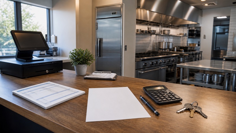 Restaurant equipment financing quote with calculator, keys and POS terminal in a commercial kitchen