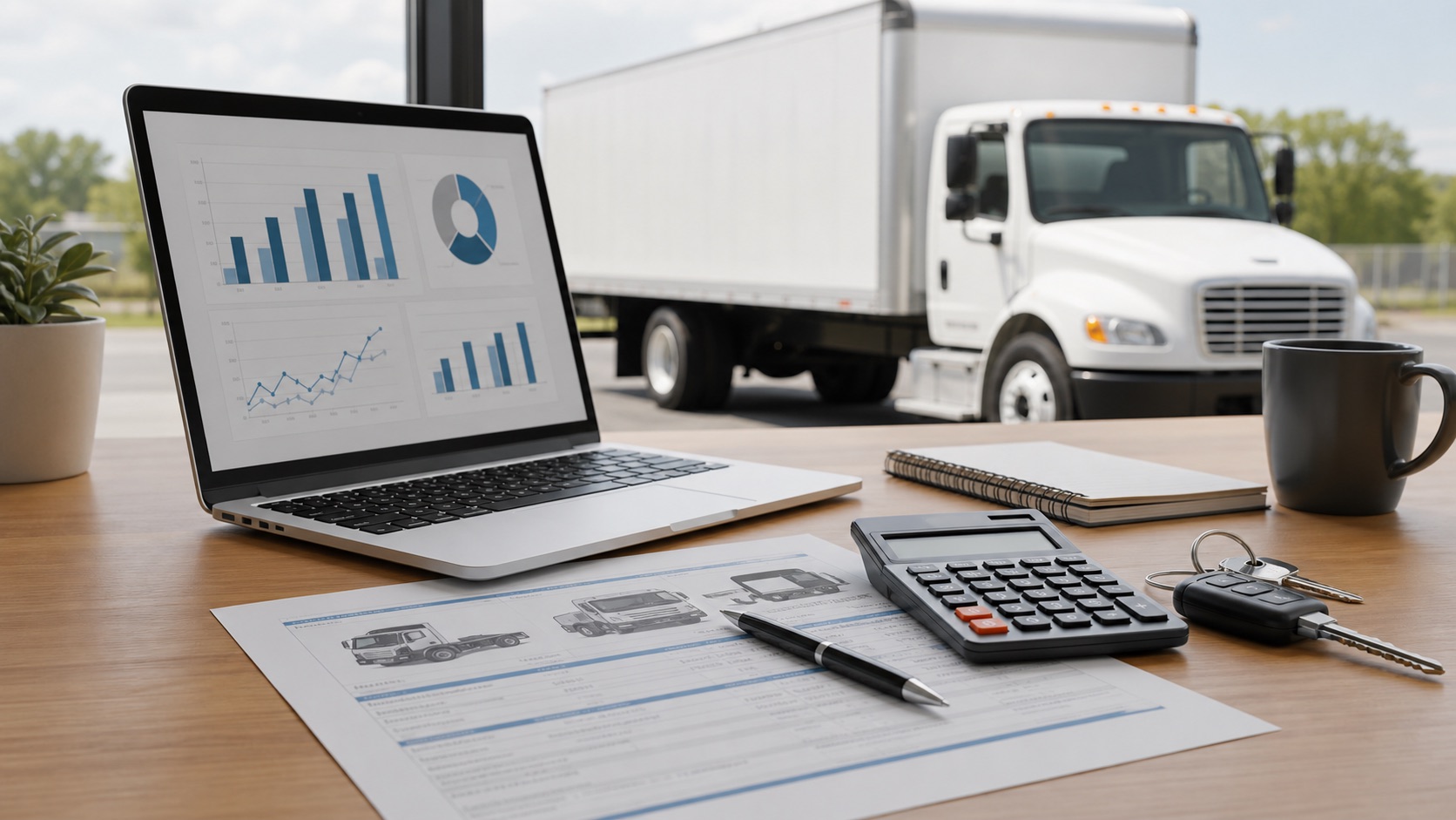 Commercial truck equipment financing quote with calculator, keys and box truck