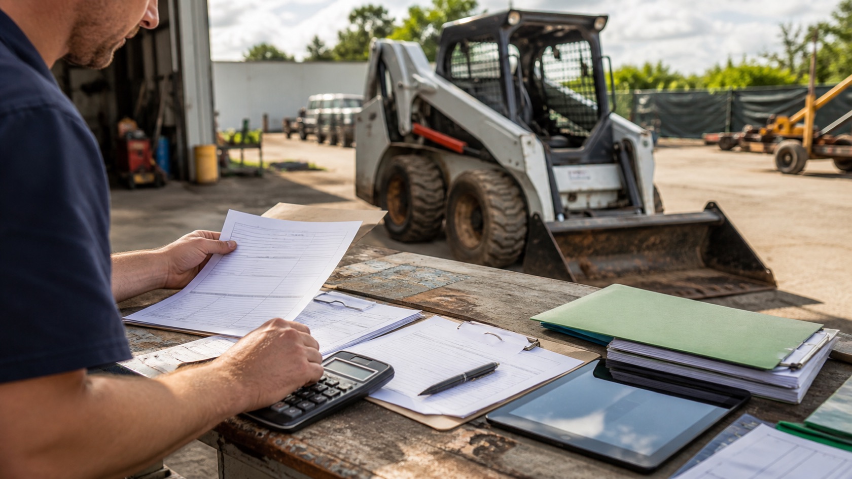Business owner reviewing used equipment financing paperwork beside a pre-owned skid steer