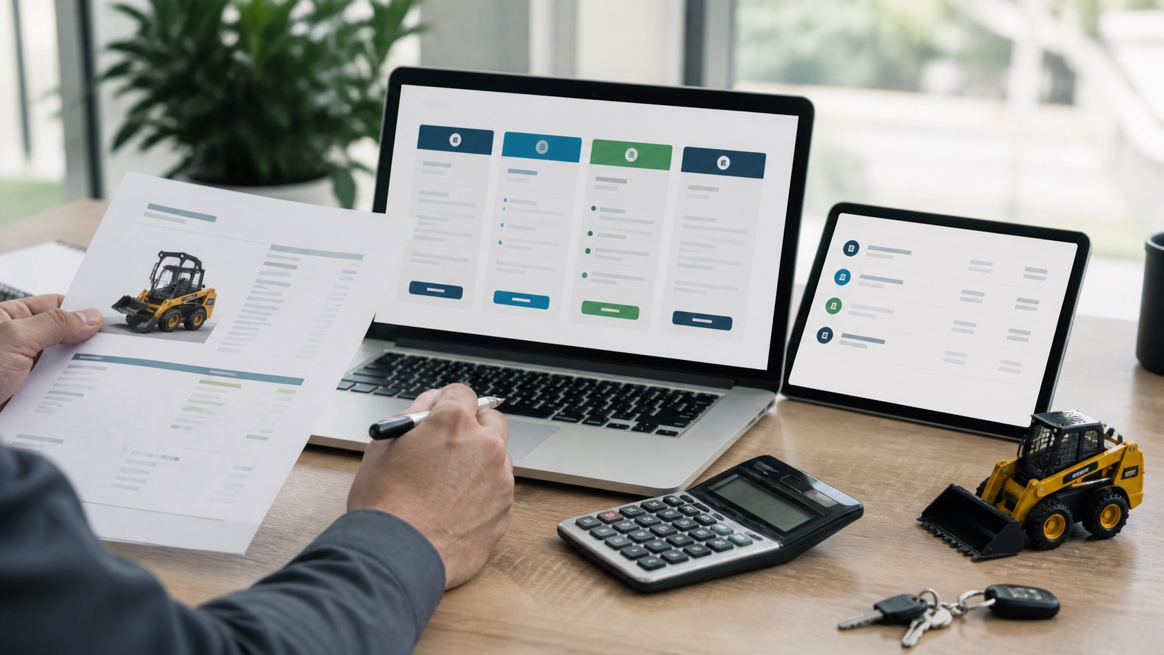 Business owner comparing equipment financing company reviews, loan offers and equipment quote on a desk