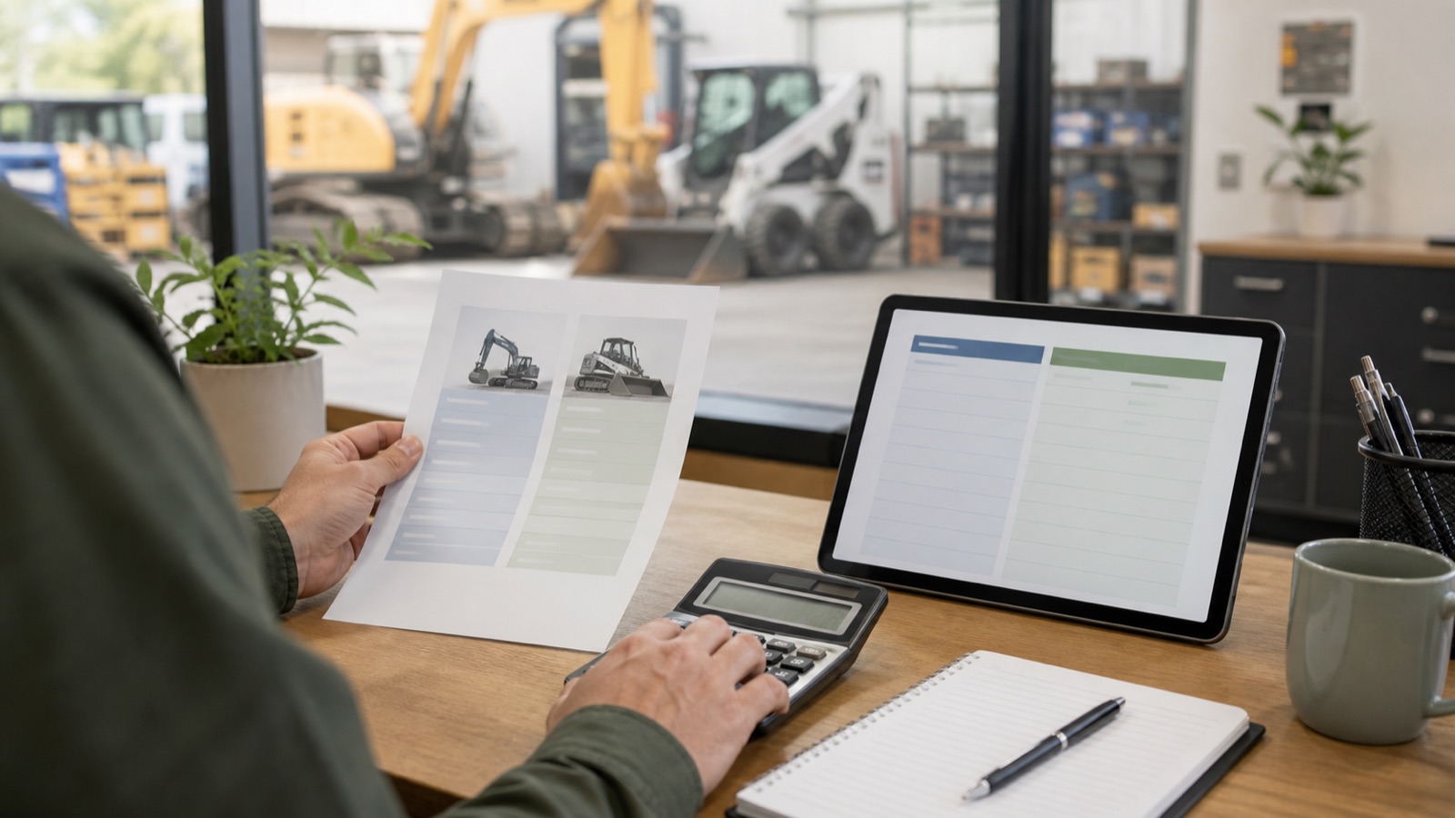 Business owner comparing equipment financing and business loan paperwork beside a calculator and machinery quote